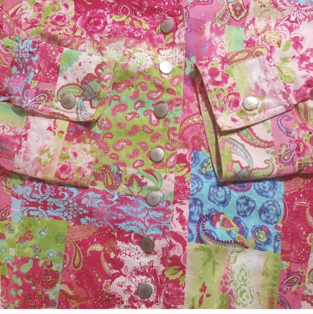 Boho Jacket Patchwork Pailsey Stretch Pink Floral… - image 7
